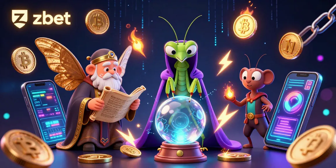 Experience zbet excitement with mystical fortune teller and glowing crypto elements in a vibrant 3D scene.