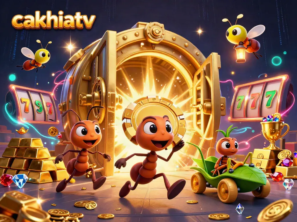 Cakhiatv showcases a cartoon ant heist with a poker chip, slot reels, and vibrant treasure