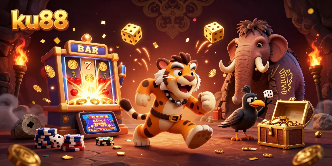ku88 cartoon caveman and saber-tooth duo managing a dynamic casino scene filled with jackpot excitement