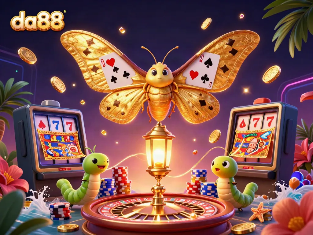 Engage in the da88 online casino experience with vibrant illustrations of games and golden rewards.