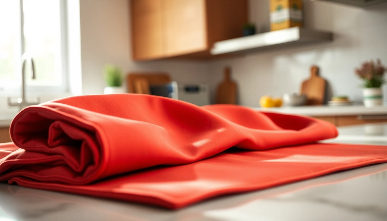 Inspecting a silicone fire blanket highlighting its safety features in a stylish kitchen setting.