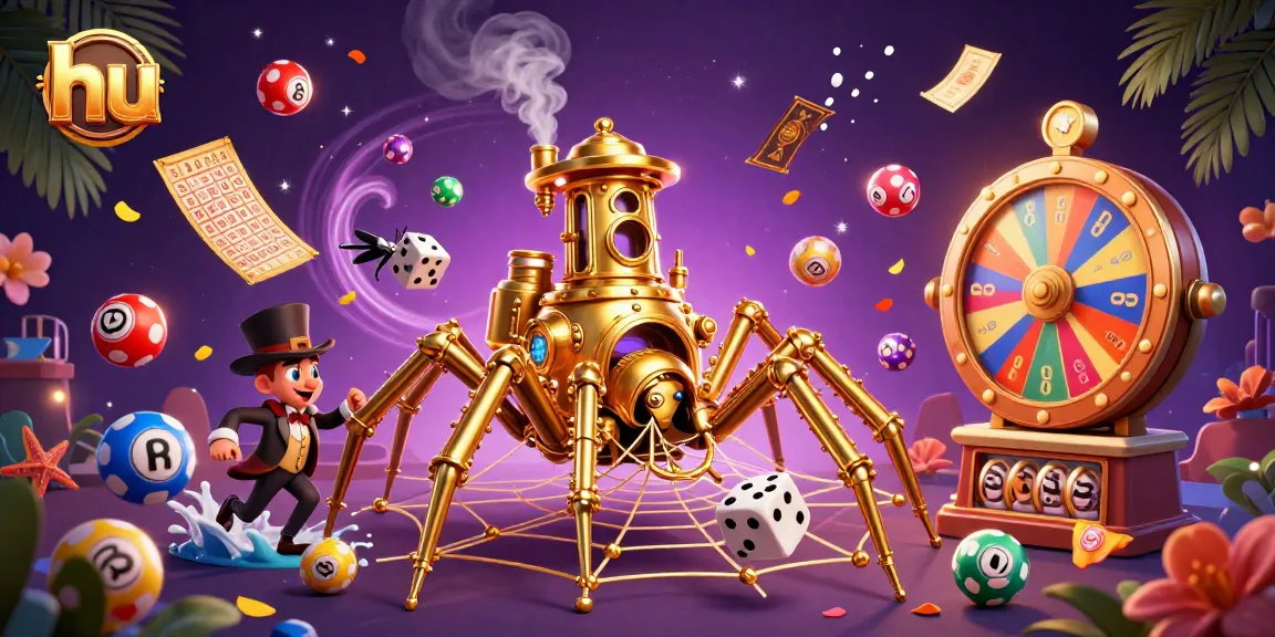 Spin lottery balls and catch dice in the web of hu's steampunk spider at a lively online casino
