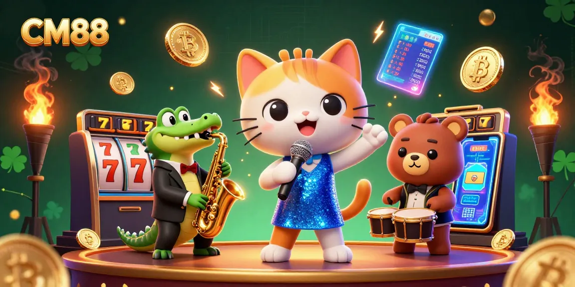 Experience CM88 excitement with a lively casino illustration featuring a jazz-singer cat and vibrant slot games.