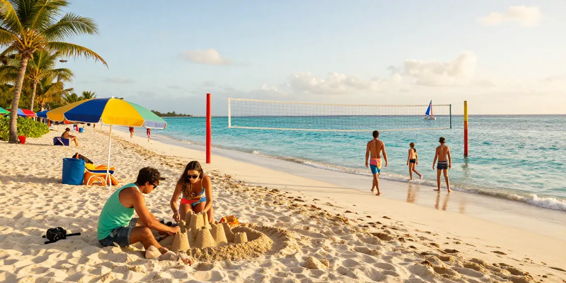 Tourists enjoying the rokok88 beach experience in the Bahamas during sunset.