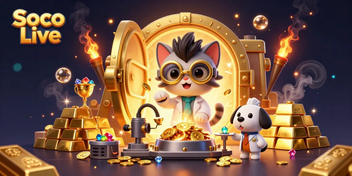 Soco Live enhances gaming with a mad scientist cat creating gold coin replication in a vibrant casino scene.