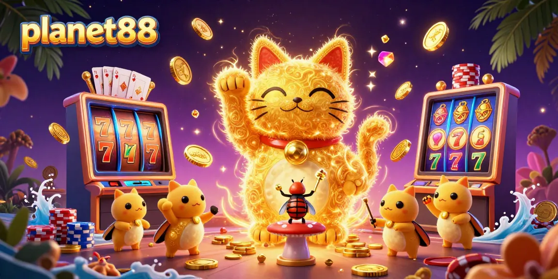 Experience the exciting wins of planet88 with golden fireflies and slot symbols in a vibrant casino scene.