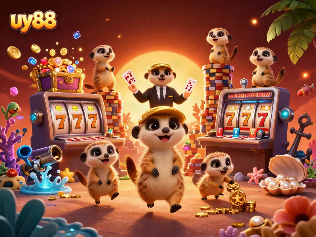 Experience the excitement of uy88 with a dynamic meerkat casino scene, showcasing vibrant games and thrilling atmosphere.