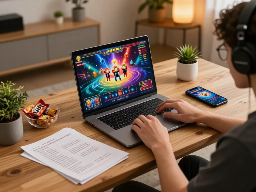 Engaging in slot888 gameplay on a laptop, with vibrant visuals and strategic gaming notes in view