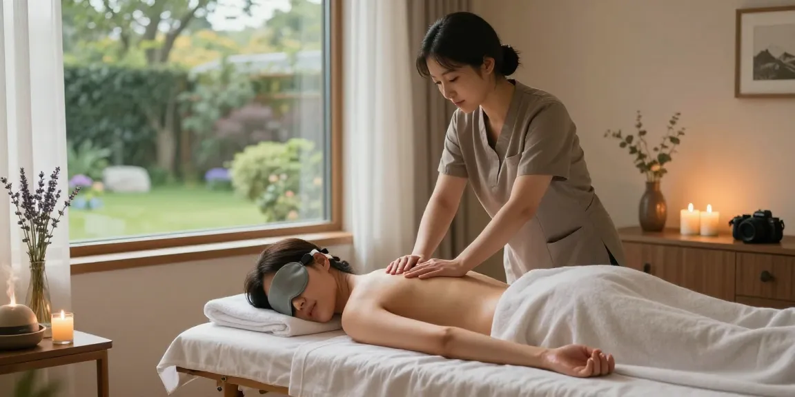 Soothing massage therapy session in a serene environment, highlighting 남양주출장마사지 experience with calming elements.