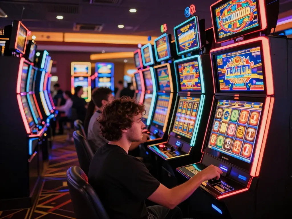 Player spinning slot machine in vibrant casino atmosphere, showcasing excitement and dynamic gameplay