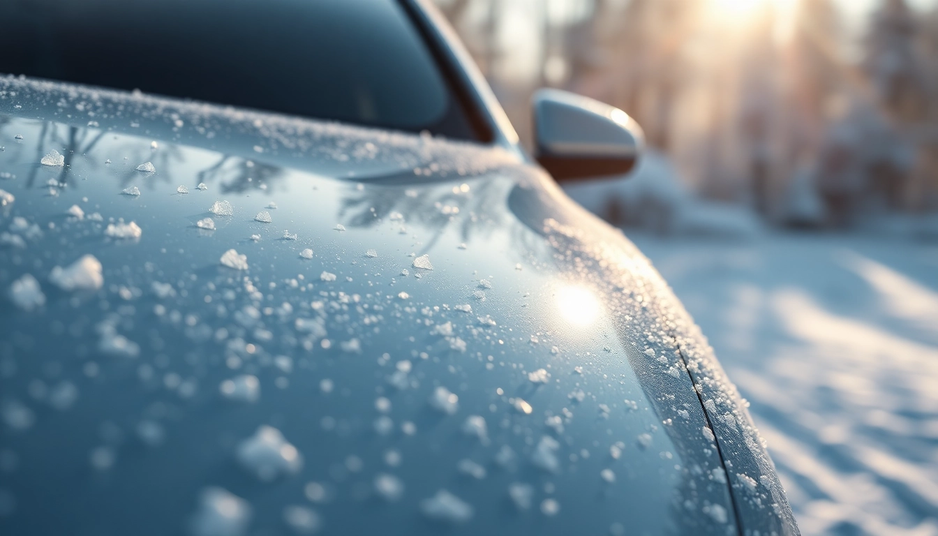 PPF winter road salt protection showcases a vehicle's smooth finish in a snowy setting.
