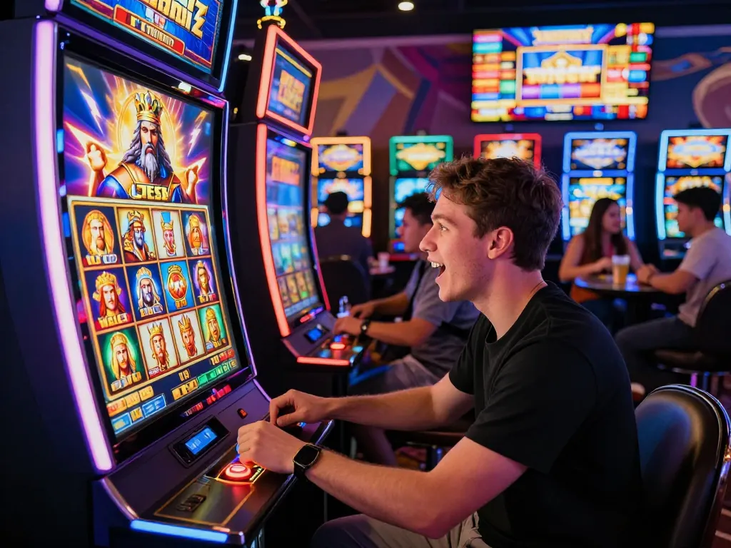 Excited player enjoying hoki slot themed around Zeus in a vibrant casino atmosphere.