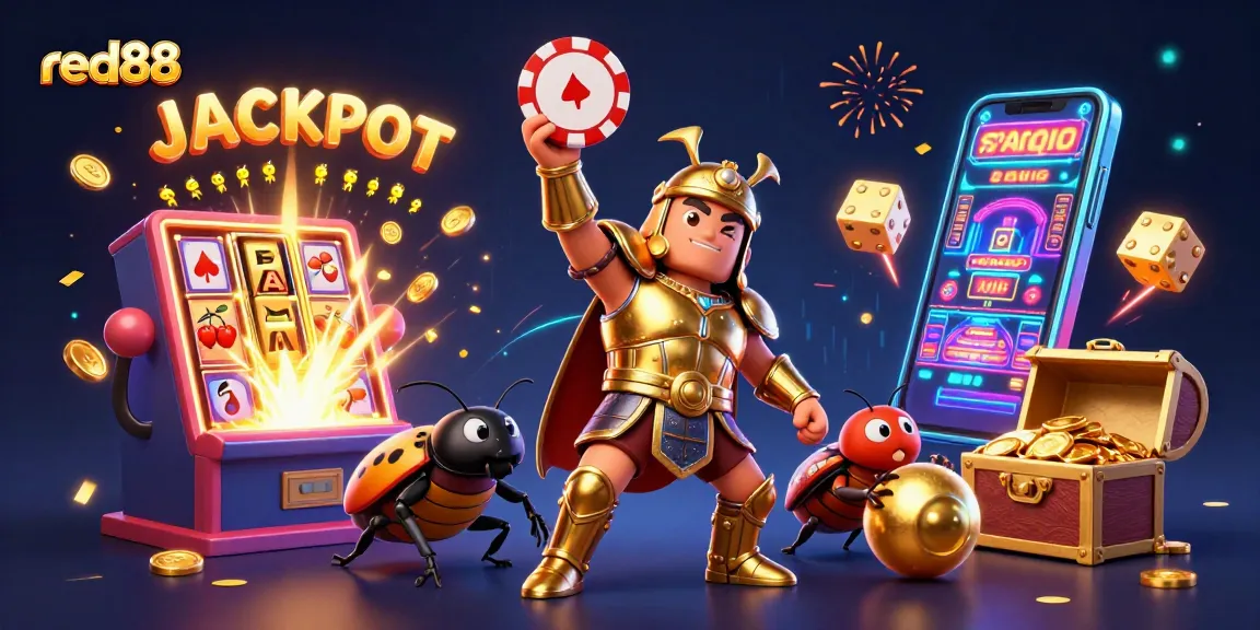Experience the excitement of red88 with a heroic beetle winning chips and jackpots in a vibrant casino.
