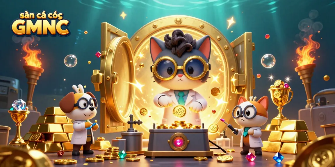 Engage with sàn cá cược GMNC through a dynamic scene of a mad scientist cat creating a gold coin machine.