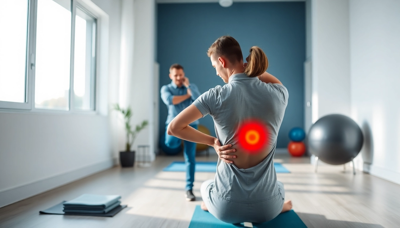 A physiotherapist demonstrating exercises for back pain relief in a bright clinic.