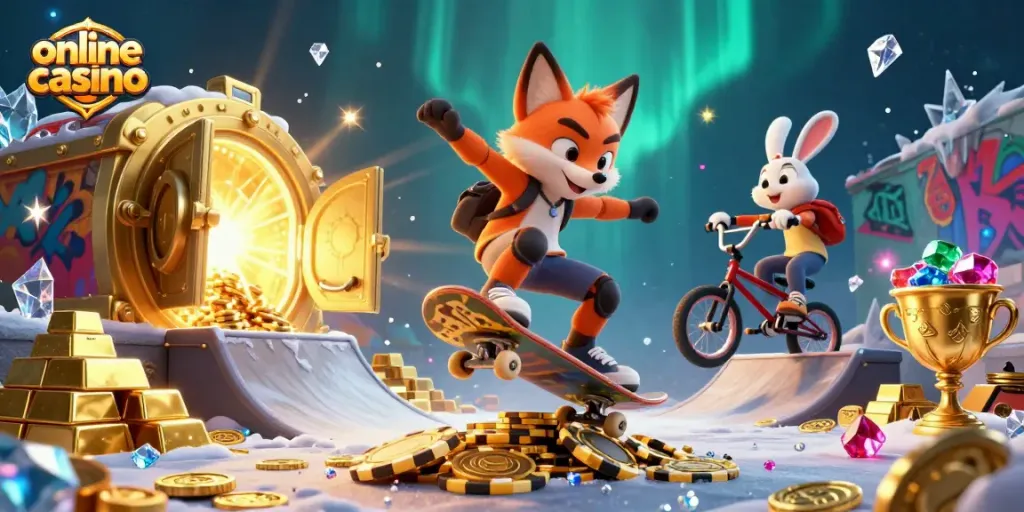 Juega en un emocionante casino online con símbolos de azar rodeados de riquezas y diversión