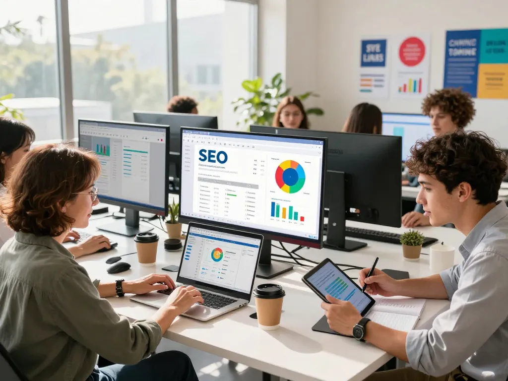 Group buy SEO tools collaboration in vibrant digital workspace with marketers analyzing data.