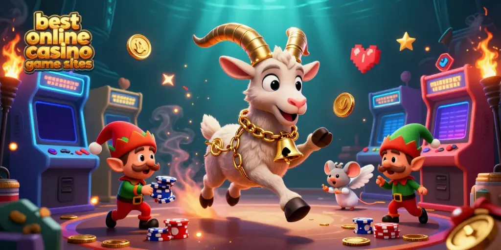 Engage with the best online casino game sites featuring a festive Krampus goat in a haunted casino scene.