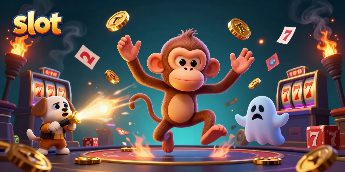 Spin the slots with a playful poltergeist monkey and curious puppy in a vibrant casino.