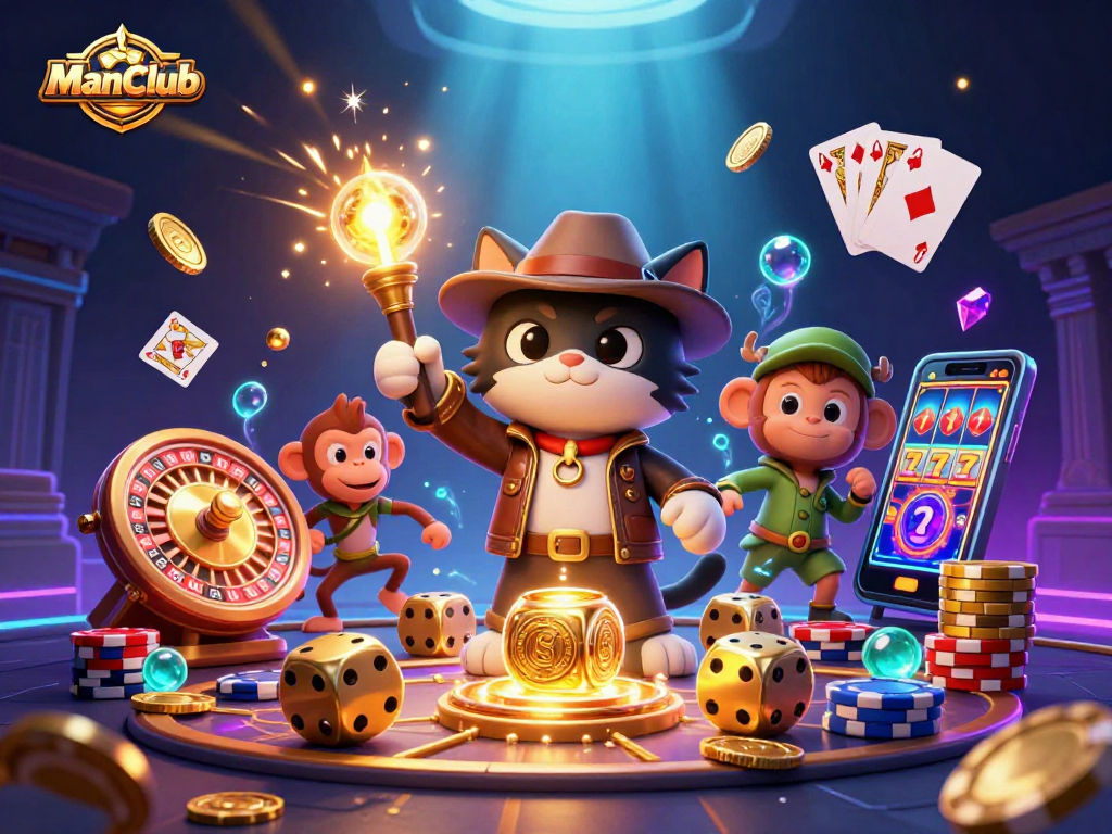 Experience thrilling wins with ManClub's vibrant casino adventure featuring a cat explorer and golden treasures.