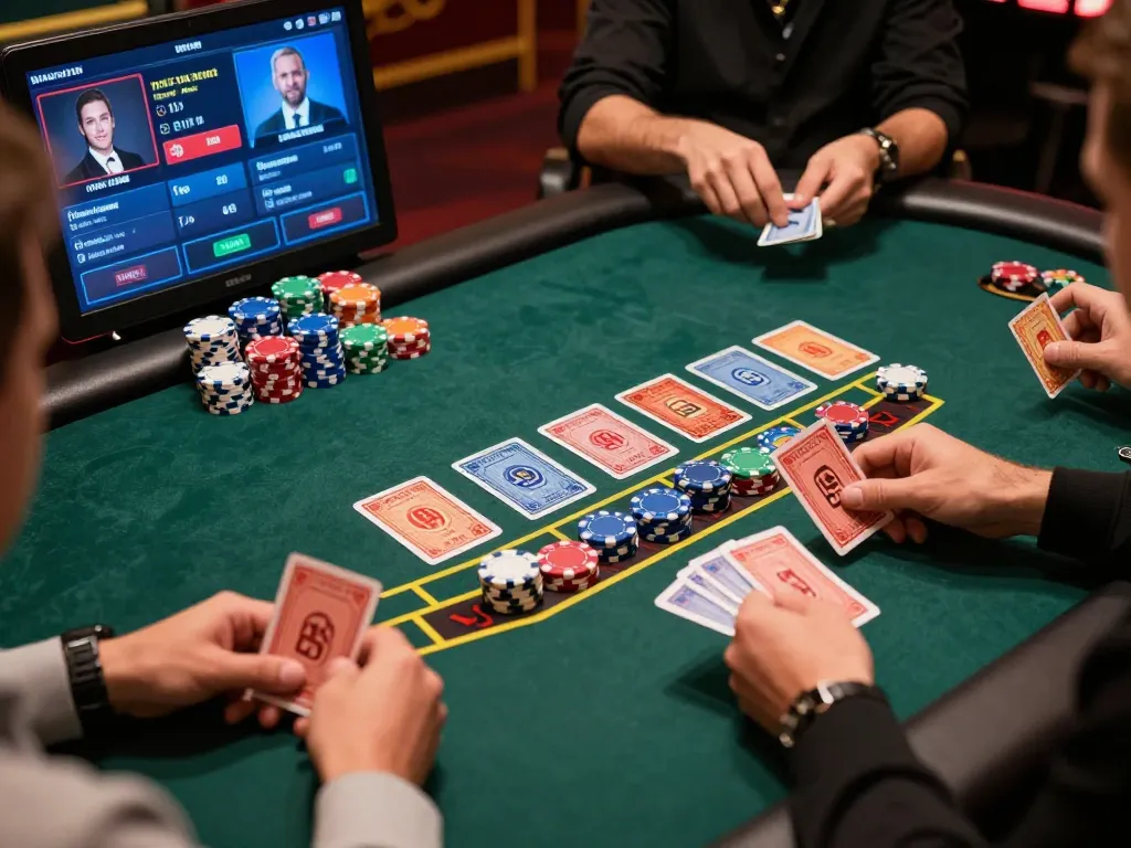 Engaged players strategizing in 壹發娛樂 online baccarat game with vibrant cards and chips