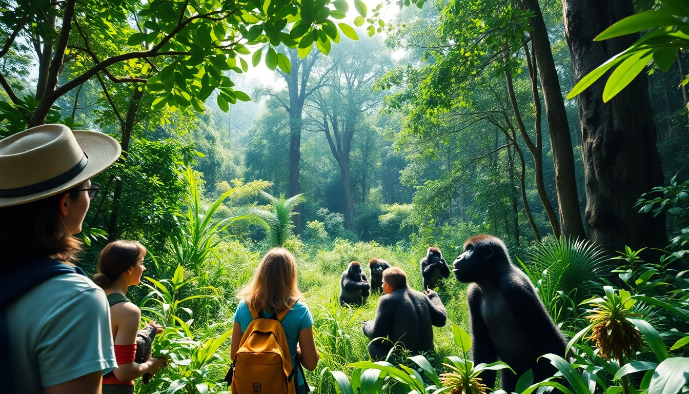Engaging in Gorilla trekking and Tanzania safari, travelers witness playful gorillas in lush rainforest.