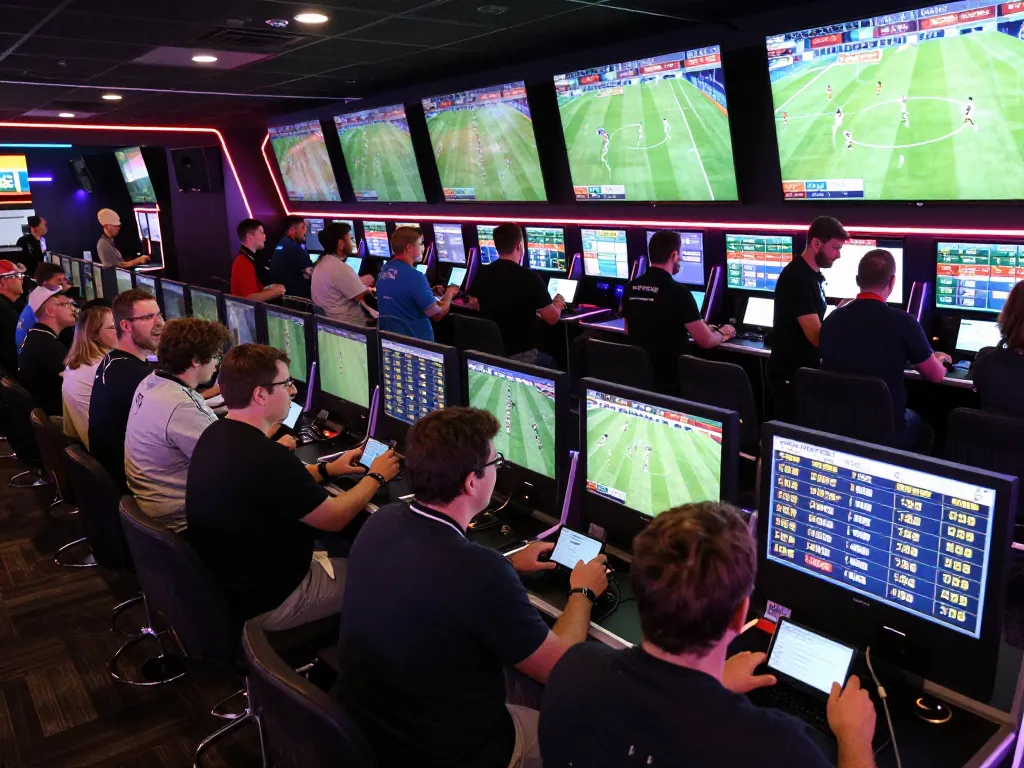 Tỷ lệ kèo nhà cái showcased in busy sports betting venue with bettors engaged in high-stakes wagering.