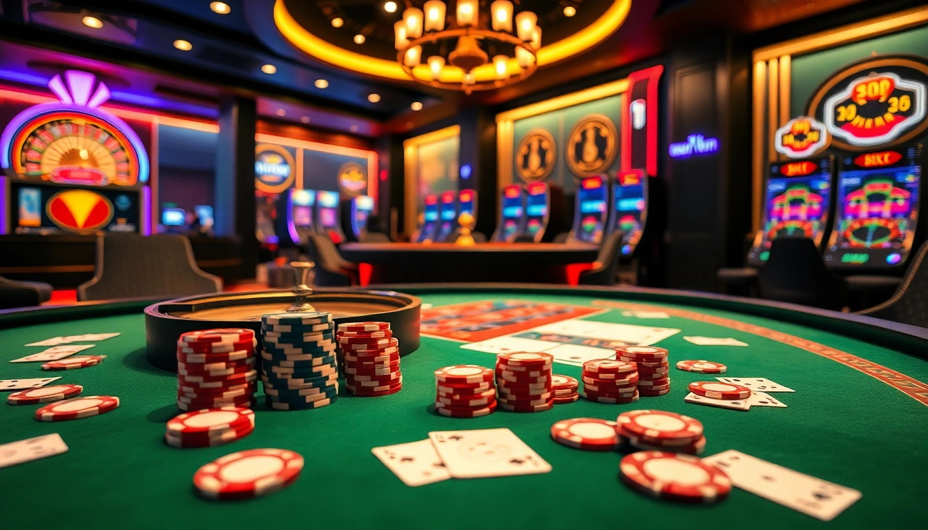 Gamblers enjoying an exhilarating game at Haywin casino table with poker chips and cards.