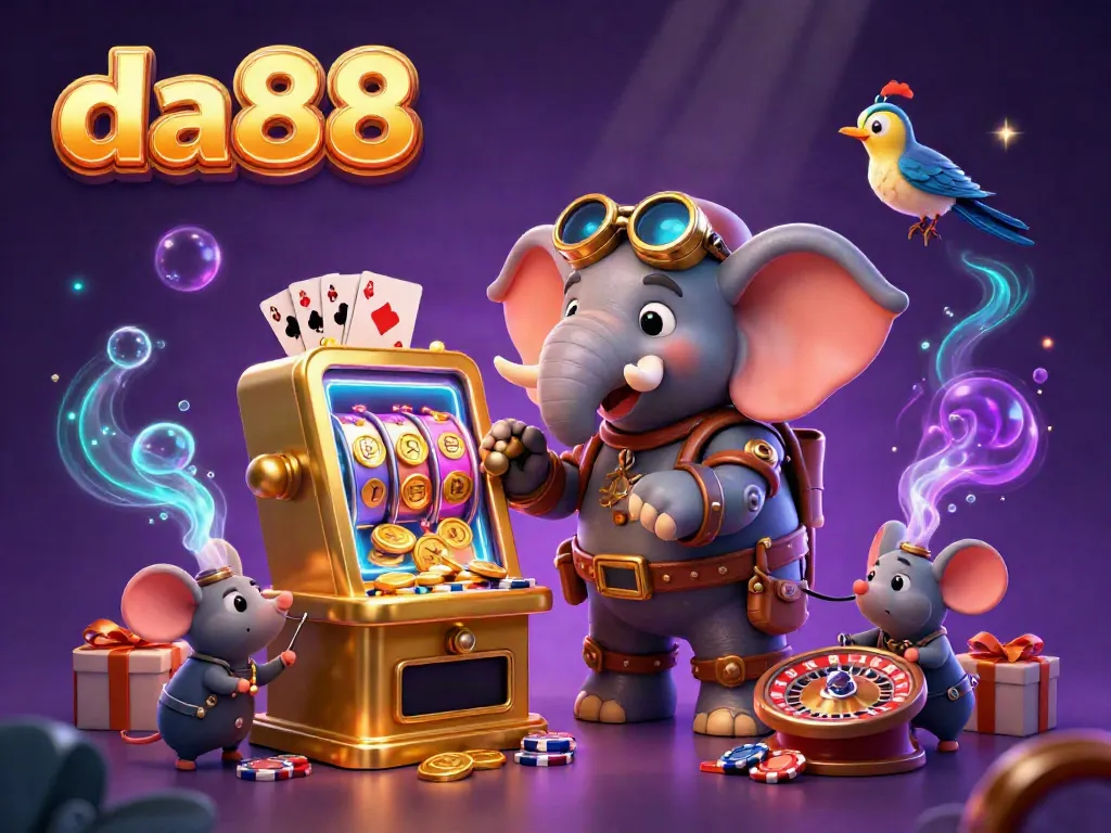 Experience the thrill of casino gaming with da88's vibrant 3D scene showcasing a steampunk elephant operating a golden slot machine.