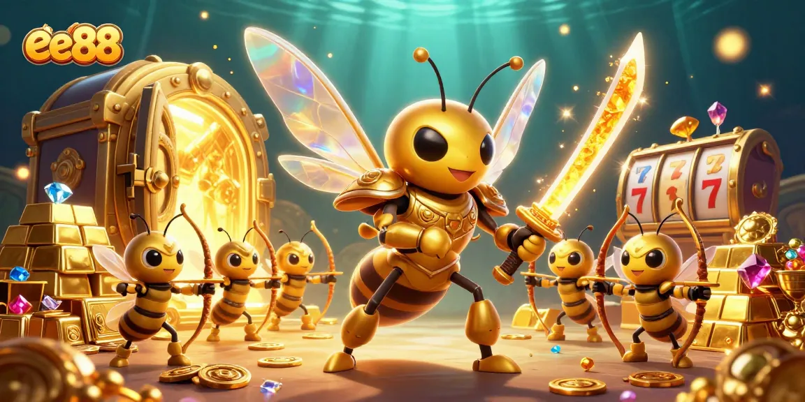 ee88 showcases a dynamic casino adventure with a golden hornet and bee archers amidst slots and treasures.