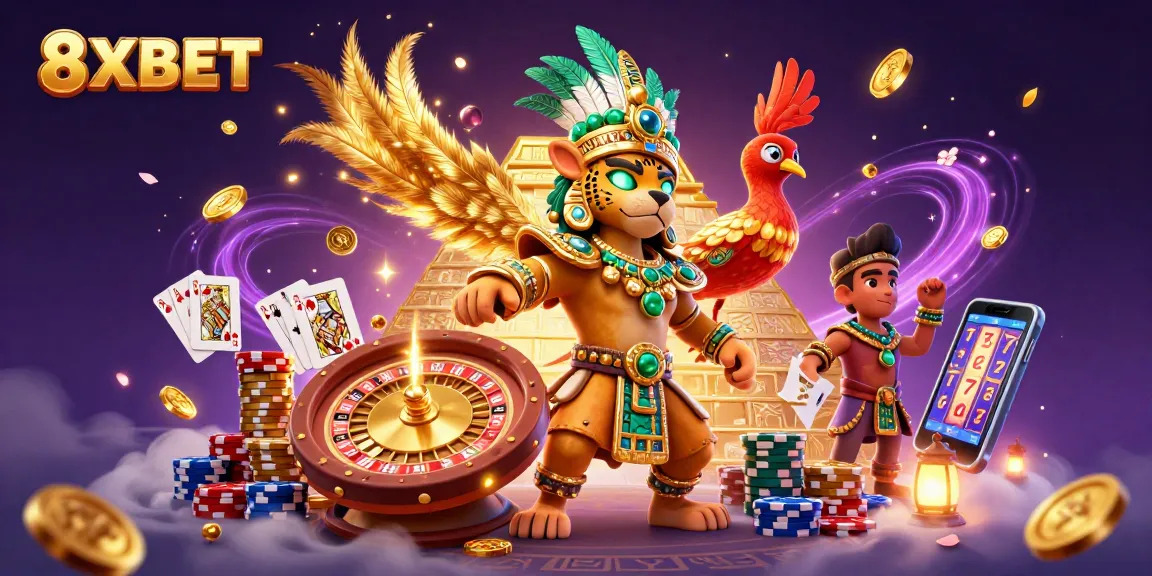 Experience the thrilling world of 8XBET casino with vibrant coins, cards, and dynamic gaming elements.
