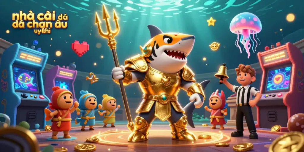Trải nghiệm nhà cái đến từ châu âu uy tín qua hình ảnh cá mập chiến đấu trong arena dưới nước.