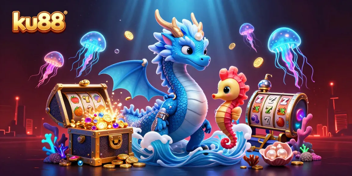 ku88 slots adventure with fantasy elements, featuring a water dragon and seahorse knight