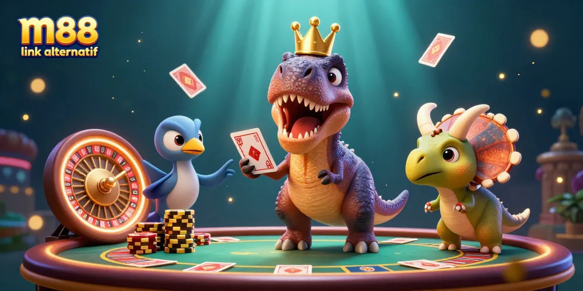 Experience the thrill of m88 link alternatif with a fun T-Rex and friends enjoying casino games!