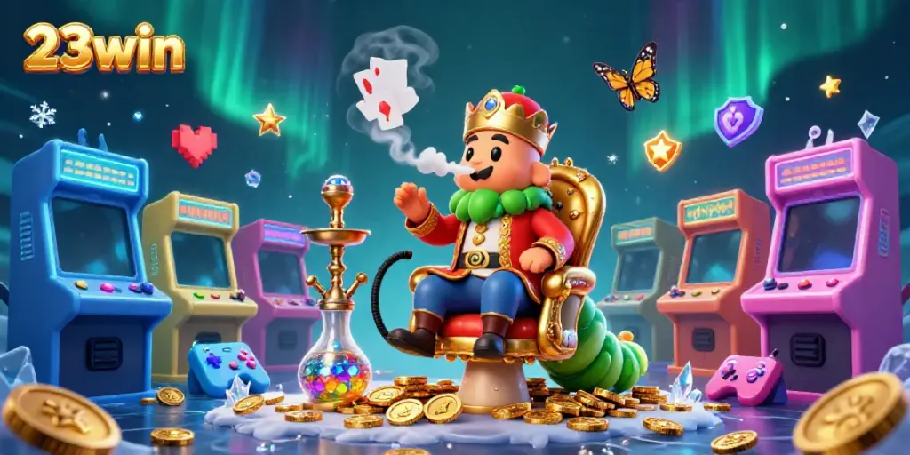 Engage with 23win's vibrant casino scene featuring a colorful caterpillar in a gaming environment.