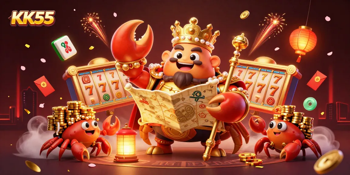 KK55 showcases a grand crab emperor amidst colorful casino elements, inviting players to win big.