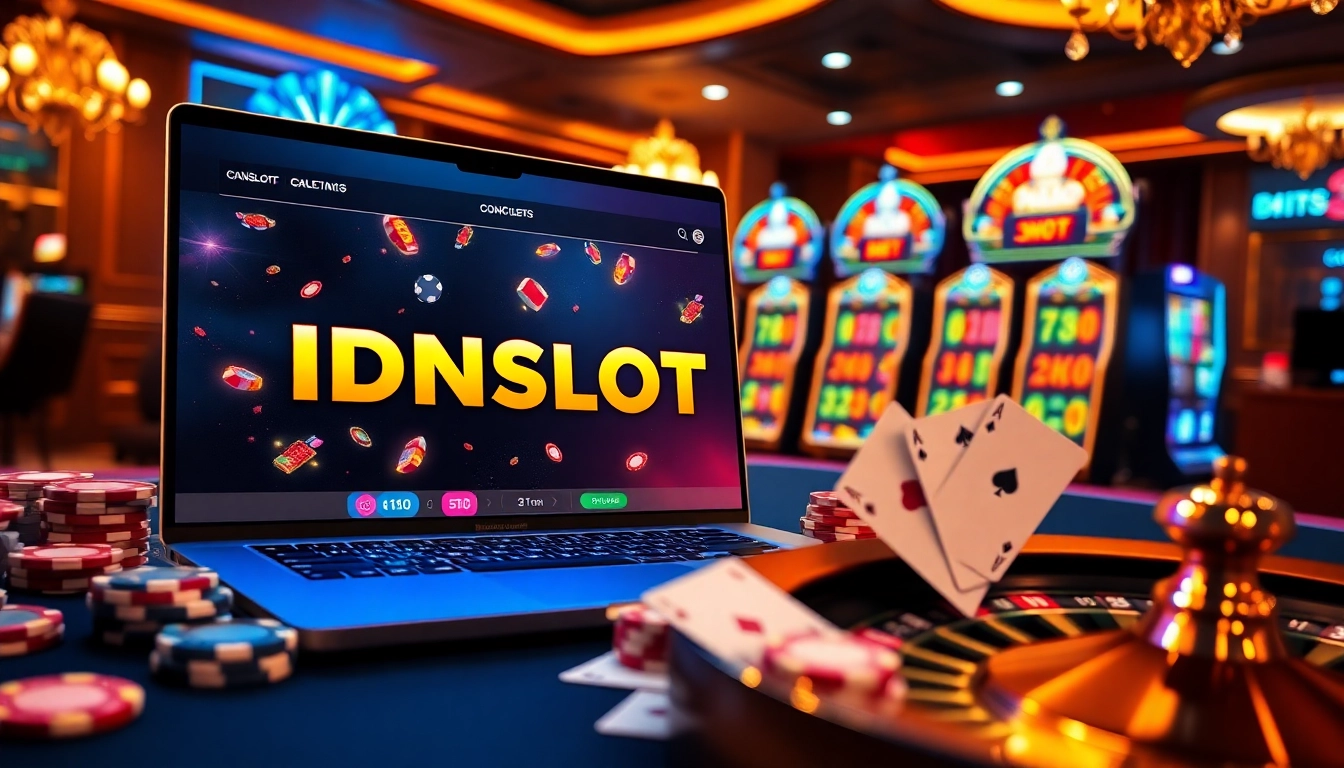 Experience the excitement of idnslot with vibrant casino gaming visuals, showcasing online slot games and poker elements.