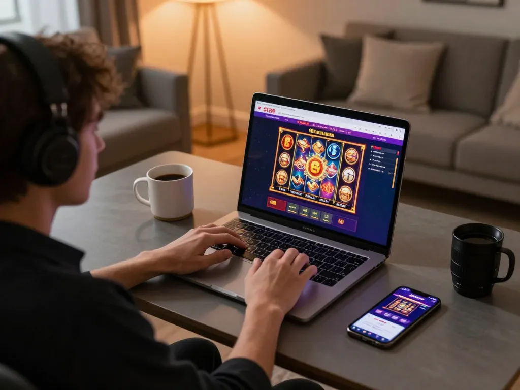 Player engaging with SC88 online casino, showcasing a slot game on laptop in a cozy home setting.