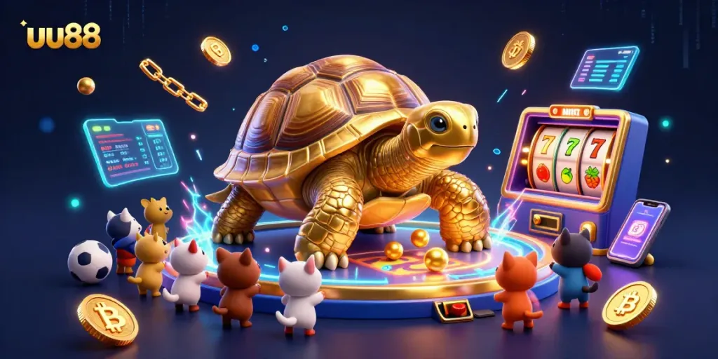 Experience the excitement of uu88 with a vibrant casino-themed 3D illustration featuring engaging characters and elements.