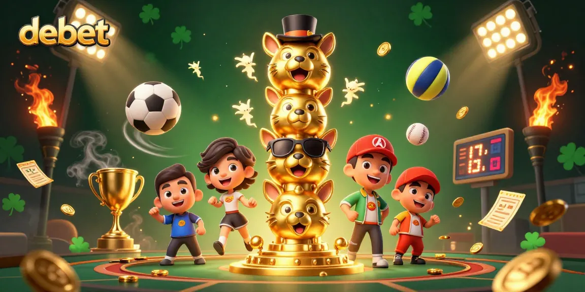 Experience debet gaming with a vibrant scene filled with animated sports elements and mystical totem.