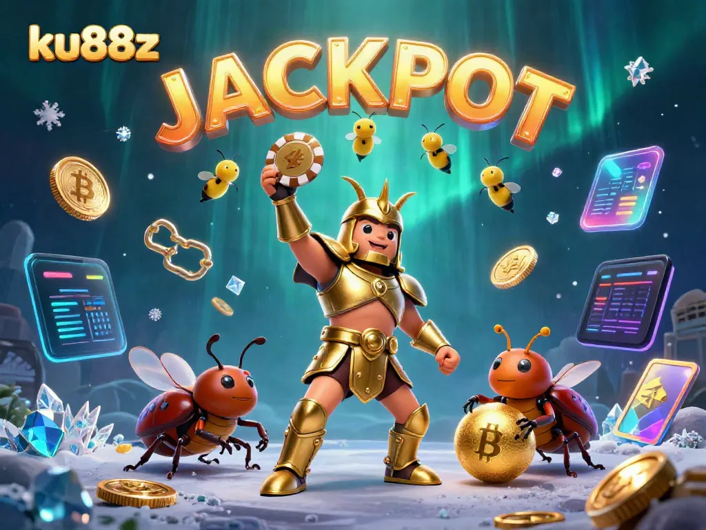 Experience the thrill at ku88z with a cartoon beetle hero revealing a jackpot, immersed in digital gold and crypto.