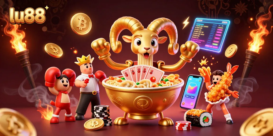 lu88's vibrant casino scene featuring a ramen bowl with noodle arms, dynamic game elements.