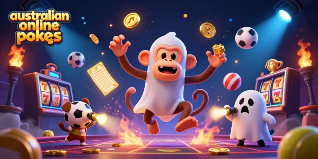 Exciting scene of australian online pokies featuring a mischievous monkey and ghost-hunter puppy in a vibrant casino