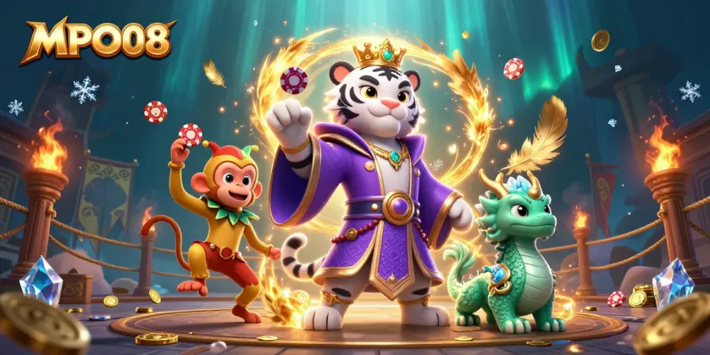 MPO08 slots scene featuring a majestic tiger and playful monkey, capturing the excitement of online gaming