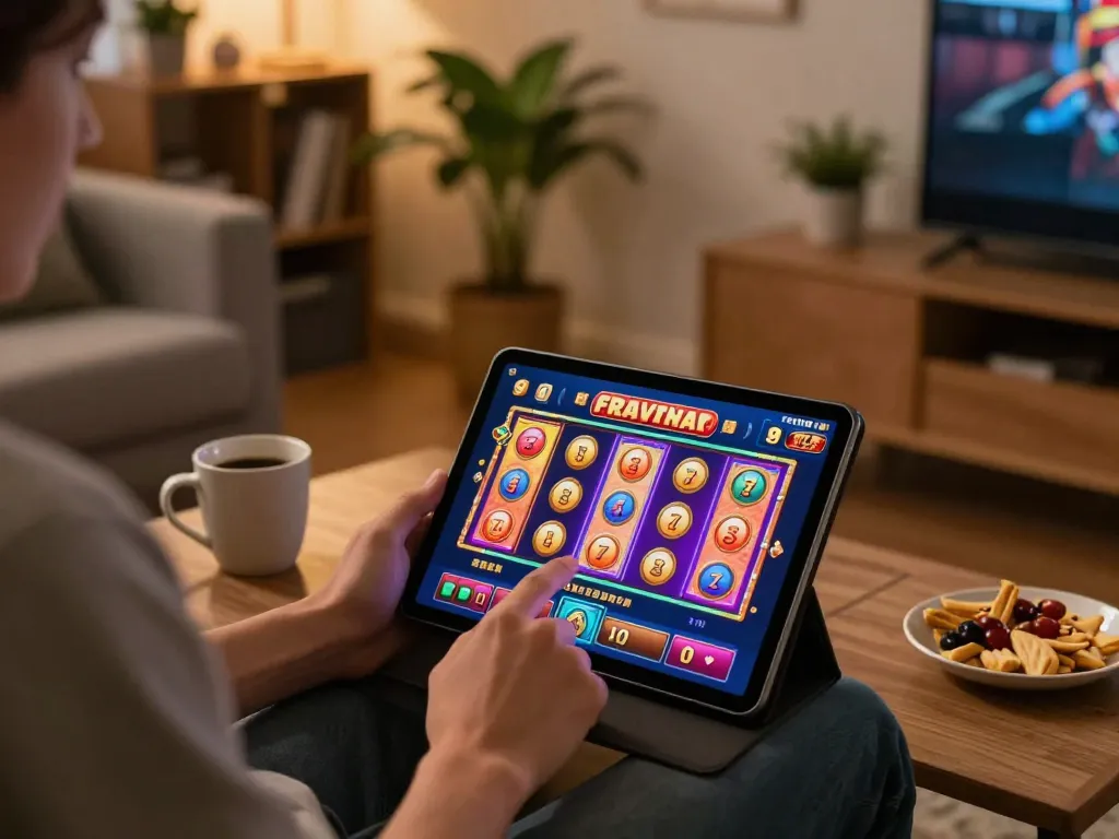 Player enjoying online slots on a tablet in cozy home setting, exploring 98win gaming options.