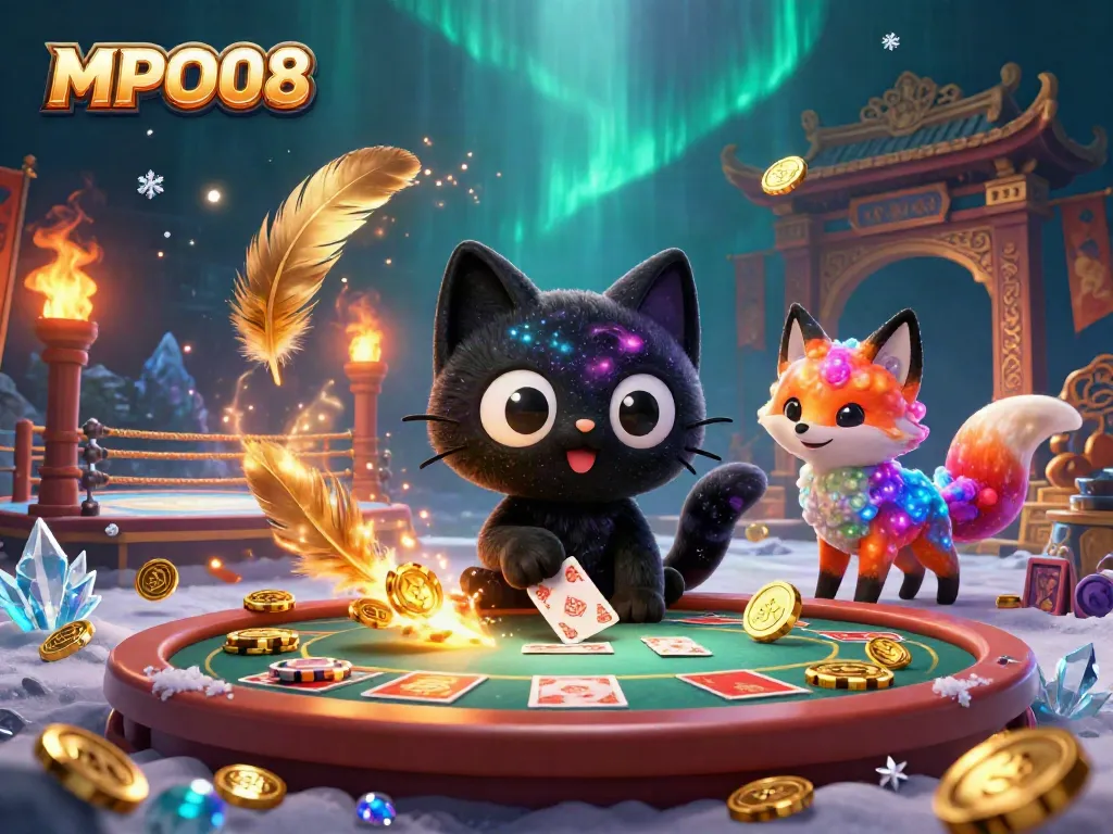Experience the MPO08 cosmic casino with a black hole cat and nebula fox collecting golden tokens.