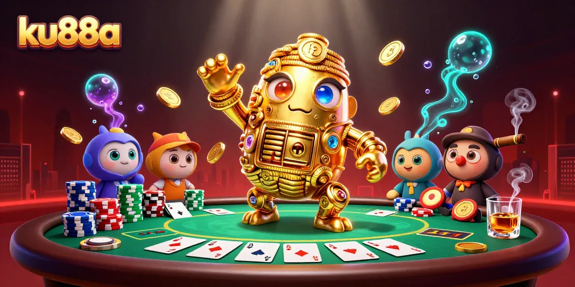 Engage in thrilling action at ku88a's vibrant casino with a golden golem and poker elements