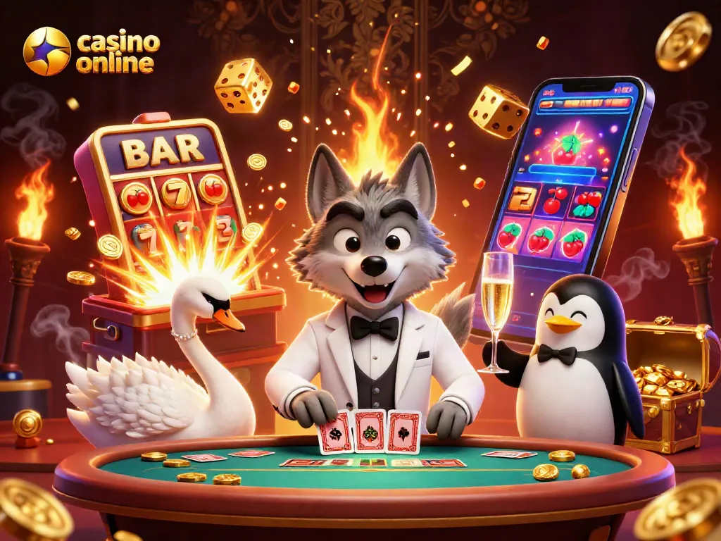 Gioca nei casinò online con stili unici: lupo elegante alla baccarat, cigno che distribuisce carte.