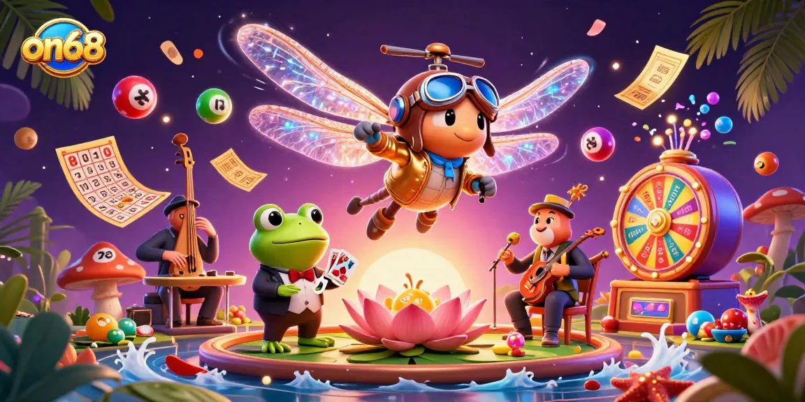 Play lively games at on68 with a colorful casino scene featuring dynamic characters and exciting elements.