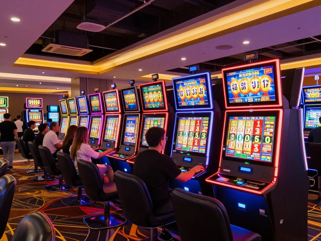 Experience the thrill of slot paris with players celebrating wins on vibrant machines in a lively casino atmosphere